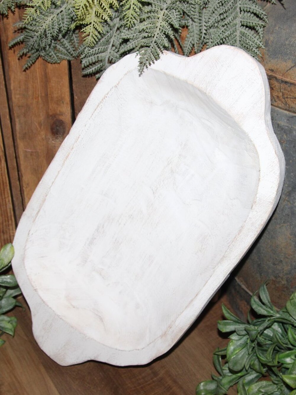 Large White Shabby Distressed French Country Farmhouse Wood Dough Bowl Dish